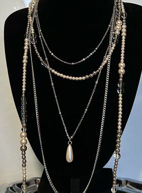 中古vintage多层叠戴串珠花朵项链甜酷高级感锁骨链时尚气质颈链