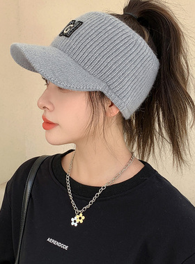 春秋保暖针织鸭舌帽子女士洋气时尚韩版冬季空顶棒球帽潮灰色白色