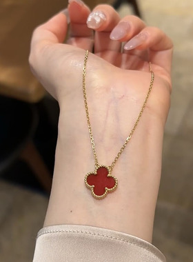 红码碯幸运四叶草项链女纯银镀18k玫瑰金轻奢锁骨链礼物黄金金色