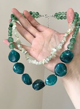 中古vintage双层不规则碎石串珠项链复古宫廷风气质个性百搭项饰