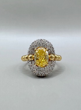 原创高级感爆钻黄钻米珠开口戒指小众设计轻奢椭圆潮流气质