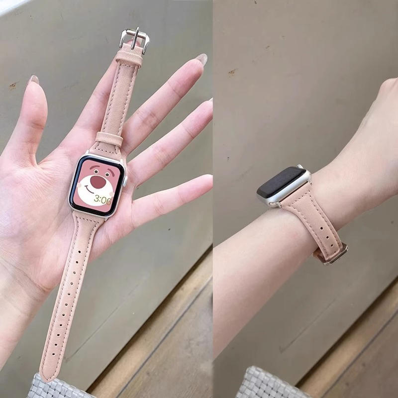 适用applewatch9小蛮腰皮质表带iwatch7夏季复古纤细皮表带s8苹果手表2/3/4/5/6/se代真皮女41/45mm夏天数码-图1