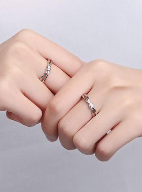 S925银情侣戒指韩版简约同心结开口戒指男女一对戒情人节纪念礼物