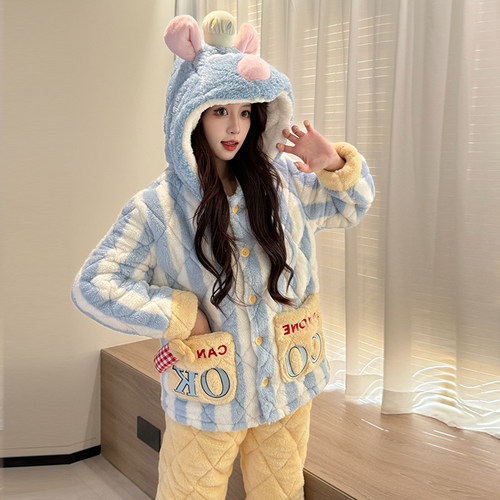 巨保暖【料理鼠王】2025年冬季睡衣女夹棉三层加厚保暖家居服外穿 - 图1