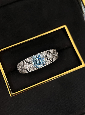 轻奢高级感海蓝色镂空镶嵌锆石戒指中古风小众独特叠戴蕾丝食指戒