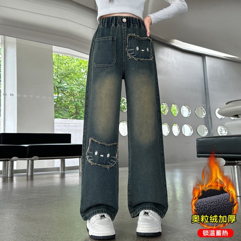 女童裤子秋冬款2025新款儿童阔腿裤中大童女孩直筒奥粒绒牛仔裤潮,淘宝优惠券,粉丝福利购,淘宝优惠卷