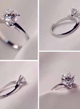 S925银戒指女求婚情侣戒指对戒六爪钻戒镶嵌莫桑石钻女款开口戒指
