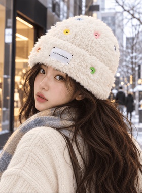 白鹿同款毛绒帽子女秋冬百搭白色针织帽毛线帽冬季新款毛毛渔夫帽