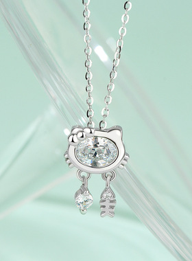 s925纯银猫咪项链女镶嵌锆石韩版创意小猫鱼骨吊坠小清新学生项饰