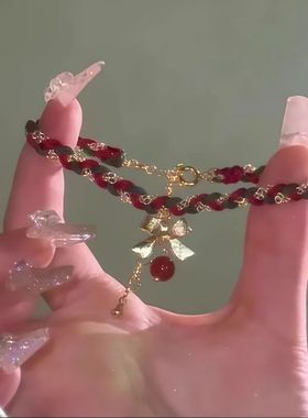 圣诞手链女ins小众设计闺蜜二人甜美简约蝴蝶结吊坠手工编织手绳