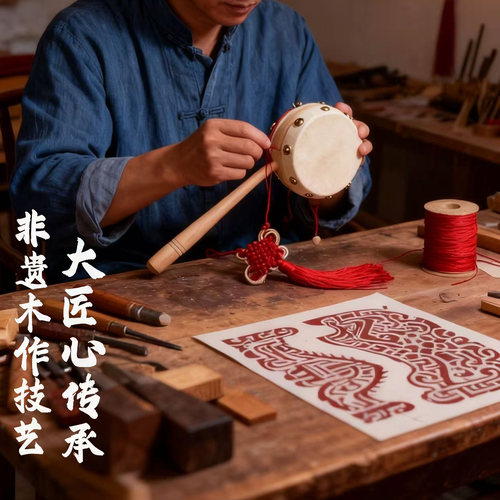 中国风传统拨浪鼓婴儿可啃咬双面羊皮鼓早教益智玩具儿童礼品情绪 - 图1