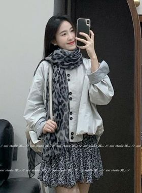 韩系复古棕色豹纹新款丝巾项链复古设计搭配毛衣简约气质装饰