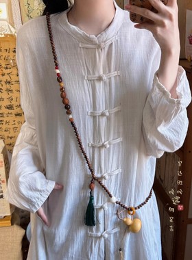 新中式檀木葫芦多宝串珠长款项链古风禅意斜跨连毛衣链挂脖配饰