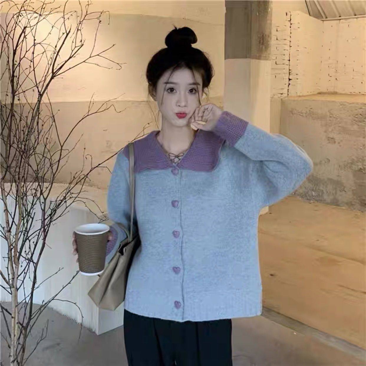 娃娃领毛衣秋冬2025新款大码内搭撞色设计感爱心长袖针织开衫女,淘宝优惠券,粉丝福利购,淘宝优惠卷