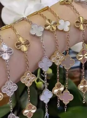 幸运草五花手链18k金色白贝母黑白熊猫玛瑙镭射纯银V金不掉色