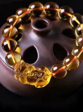 爆款仿巴西黄水晶手链貔貅款黄晶暴力黄清透水手串男女士手珠饰品