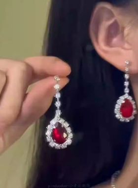 瑰丽女王 鸽血红满钻仿锆石项链耳环套装锁骨链气质轻奢高级颈链