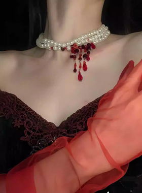 万圣节哥特风红色血滴仿珍珠项链女吸血鬼暗黑项圈个性夸张choker