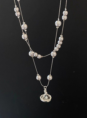 土星吊坠长款叠戴灰仿珍珠项链女秋冬轻奢高级感气质毛衣链配饰品