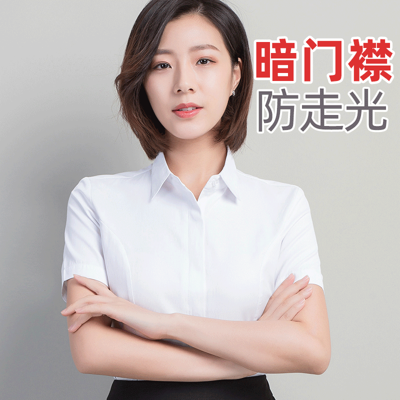 白衬衫女长袖短袖工作服正装工装大码职业女装白衬衣条纹法式圆领 - 图0