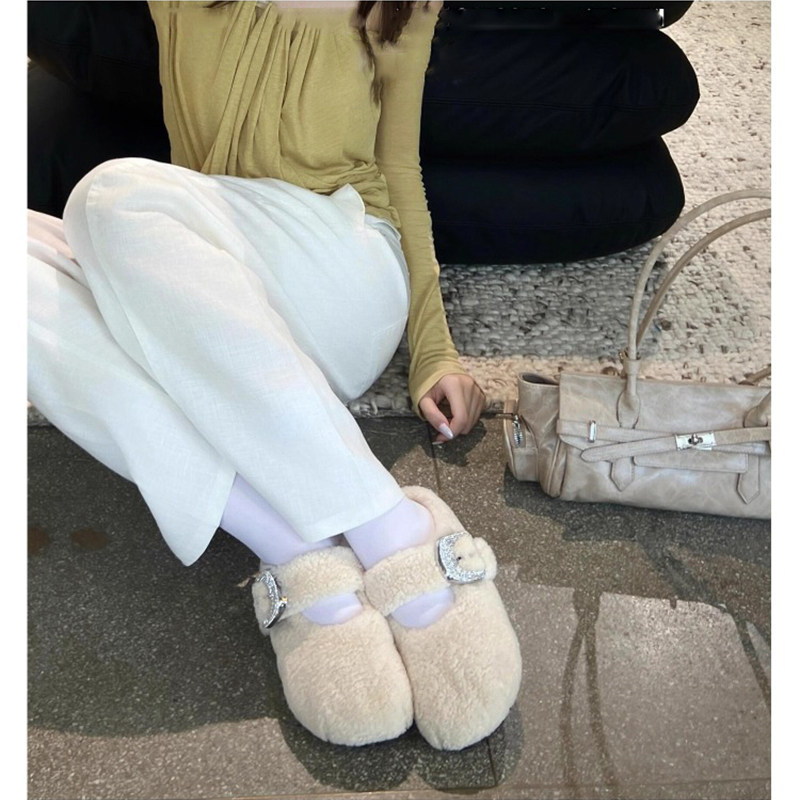 周也同款白色爆款包头羊羔毛毛拖鞋女外穿加绒棉鞋水钻勃肯鞋平底,淘宝优惠券,粉丝福利购,淘宝优惠卷