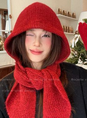 红色巴拉克法帽女款冬季保暖毛线针织一体帽子围巾氛围感护耳项链