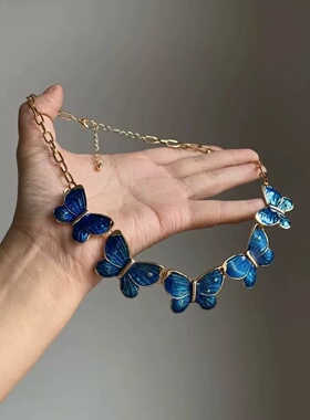 蓝色海洋蝴蝶滴油项链早秋复古高级感锁骨链小众设计礼服配饰颈链