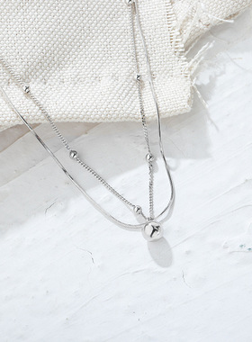 s925纯银双层链子项链女蛇骨链颈戴百搭项饰光面珠吊坠锁骨链镀金