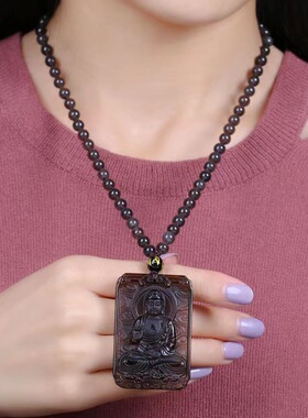 冰种黑曜石十二生肖守护神本命佛方型吊坠 黑曜石八大守护神项链