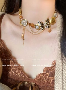 民族风重工辣妹小众蝴蝶项链复古choker设计流苏锁骨拉德高级颈链