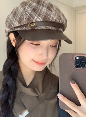 显脸小英伦风格纹毛呢八角帽黑复古贝雷帽女画家报童帽子格子冬季