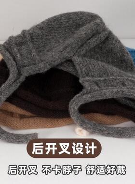 蓝色加绒针织帽子女秋冬大头围加厚保暖抗寒毛线帽川西显脸小防风