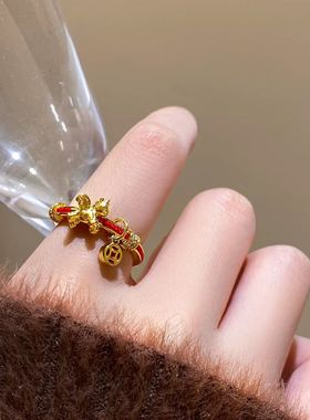 红色编织绳金色钱币小马开口戒指女2026新款爆款食指指环小众设计