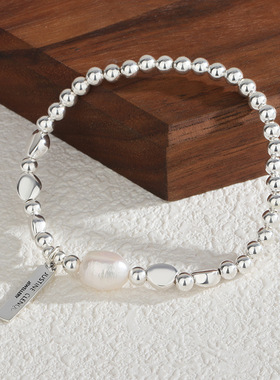 s925纯银不规则圆珠手链女小众设计感牛油果粒弹力绳手串