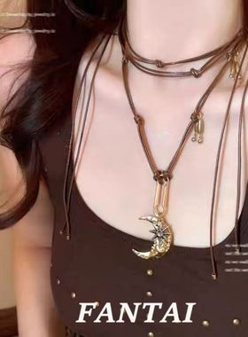 废土风月牙芒星项链女秋冬毛衣链大气高档高级感中古饰品百搭配饰