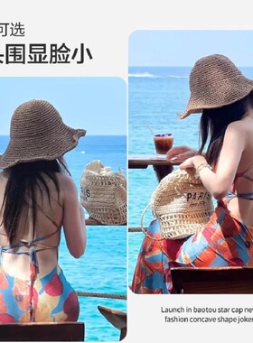 大头围草帽女夏季海边沙滩遮阳帽大帽檐渔夫帽可折叠编织加深加大