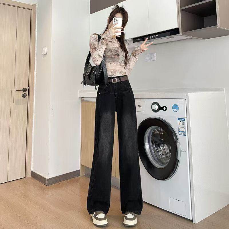 大码直筒加绒牛仔裤女秋冬季2025年新款黑灰色宽松显瘦阔腿裤子,淘宝优惠券,粉丝福利购,淘宝优惠卷