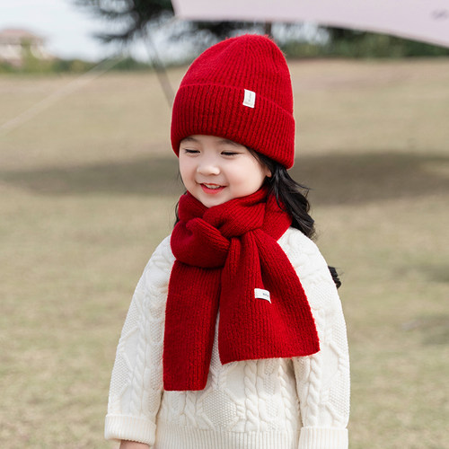 秋冬季儿童帽子围巾套装女童针织毛线帽圣诞节男童宝宝保暖红色 - 图0