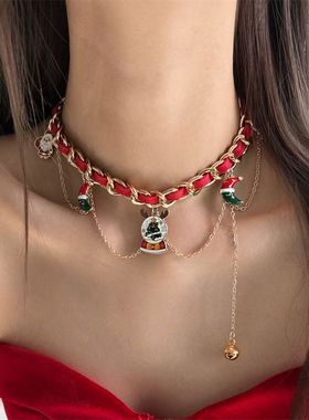圣诞节金色链条红麂皮圣诞老人choker铃铛项链女氛围感节日穿搭女