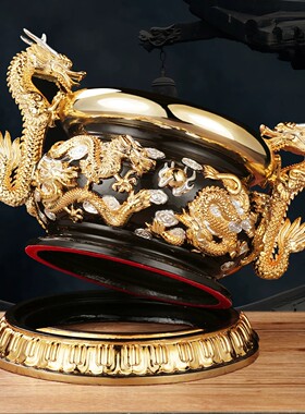 纯黄铜九龙家用香炉双耳双龙上香摆件供奉佛堂寺庙插线香烧香专用