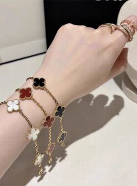 高版本五花四叶草手链女V金镀18K金镭射紫玉髓红玛瑙白贝母紫罗兰