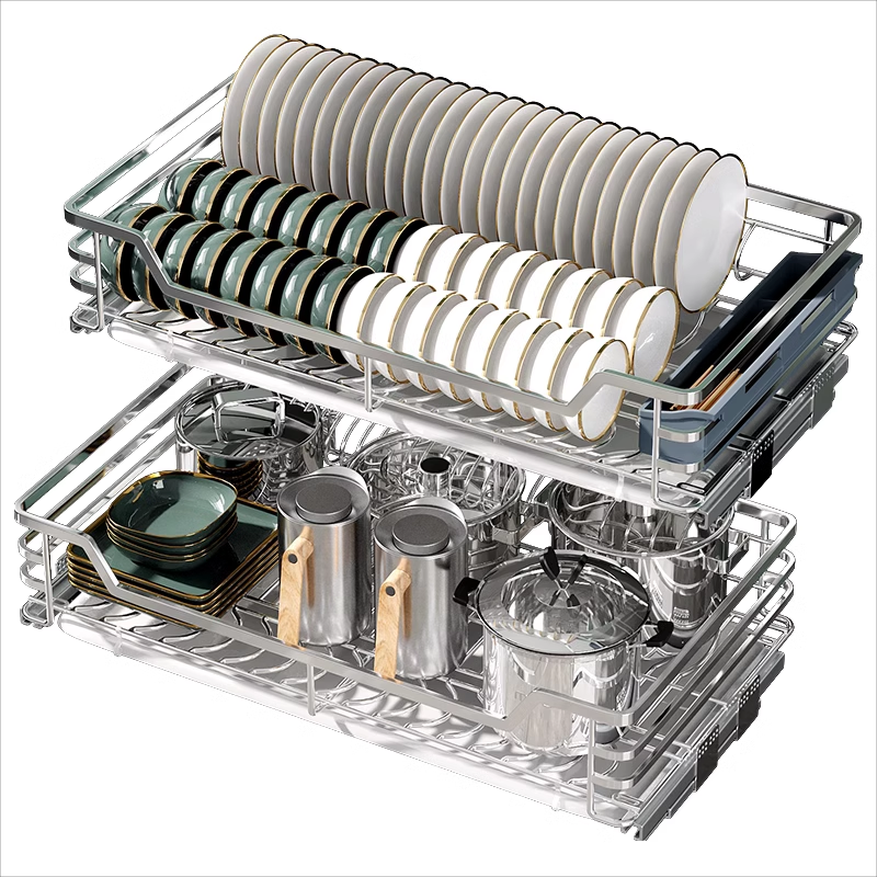 拉篮厨房橱柜抽屉式双层碗筷碟架304不锈钢蓝收纳碗碟柜内轨道