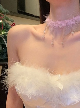 超仙圣诞节白色毛绒choker项链甜美秋冬氛围感毛衣颈链拍照配饰女