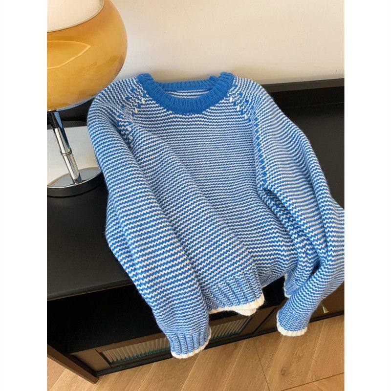 克莱因蓝色条纹套头圆领宽松软糯毛衣女可打底大码内搭长袖高级感,淘宝优惠券,粉丝福利购,淘宝优惠卷