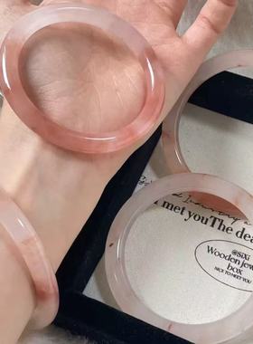 桃花酿手镯冰透飘花紫罗兰真玉镯子细圆条年轻女款粉色少女桃花