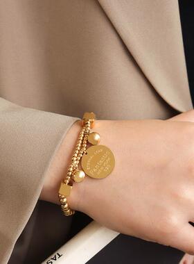 轻奢弹力线圆珠金币方块圆牌手链钛钢18k金圆珠串珠简约小众手环