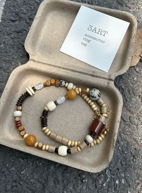 登陆可爱岛屿waki设计师款天然玉石木质珠不对称彩色串珠简约项链