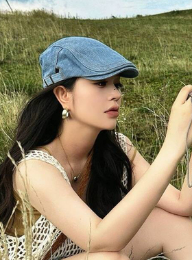 夏季牛仔前进帽美式复古贝雷帽女薄款帽子画家帽显脸小蓝色黑色