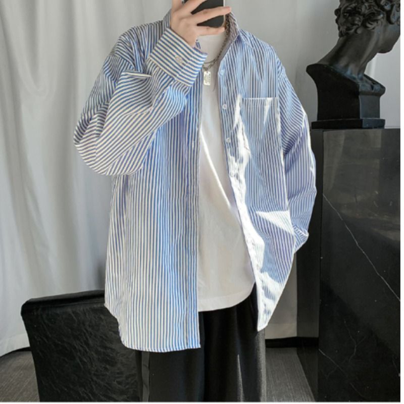日系蓝白条纹长袖衬衫男款2024新款春季休闲白衬衫高级感百搭外套