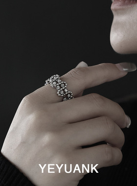 野原葵 欧美冷淡风嘻哈潮酷中性金属镂空串珠设计开口戒指手饰女